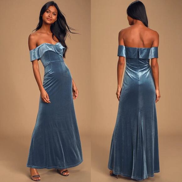Lulus Sweet Symphony Dress Velvet Off The Shoulder Maxi Gown Dusty Blue NWT L - Picture 1 of 9